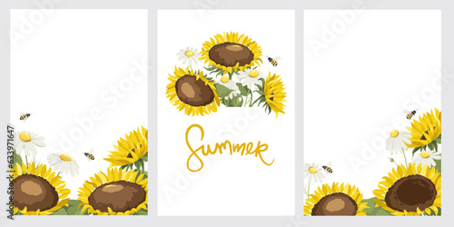 Collection of templates for postcards or invitations for a end summer holiday. Set of vector backgrounds with sunflowers and chamomile.