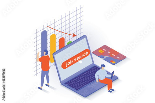 Unemployment and crisis concept in 3d isometric design. People fired and have job challenge, searching new work while financial recession. Vector illustration with isometry scene for web graphic