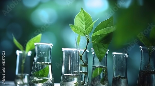 Biotechnology concept with green plant leaves, laboratory glassware