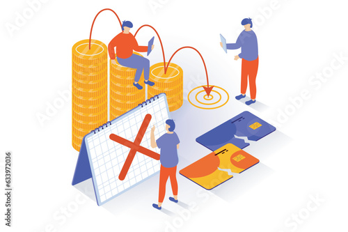 Unemployment and crisis concept in 3d isometric design. People analyze financial charts with losses and recession trend, break credit cards. Vector illustration with isometry scene for web graphic