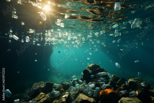 Plastic burdened ocean symbolizes ecological fragility and harm from pollution Generative AI