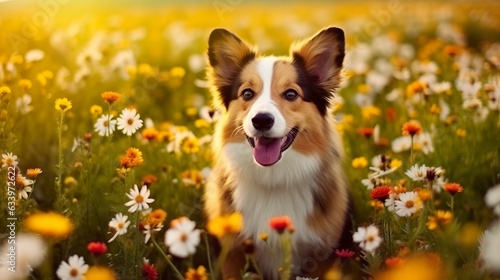 Charming corgi dog with flowers in the spring. 