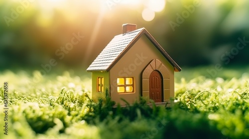 Copy space of home. Small model home on green grass with sunlight. 