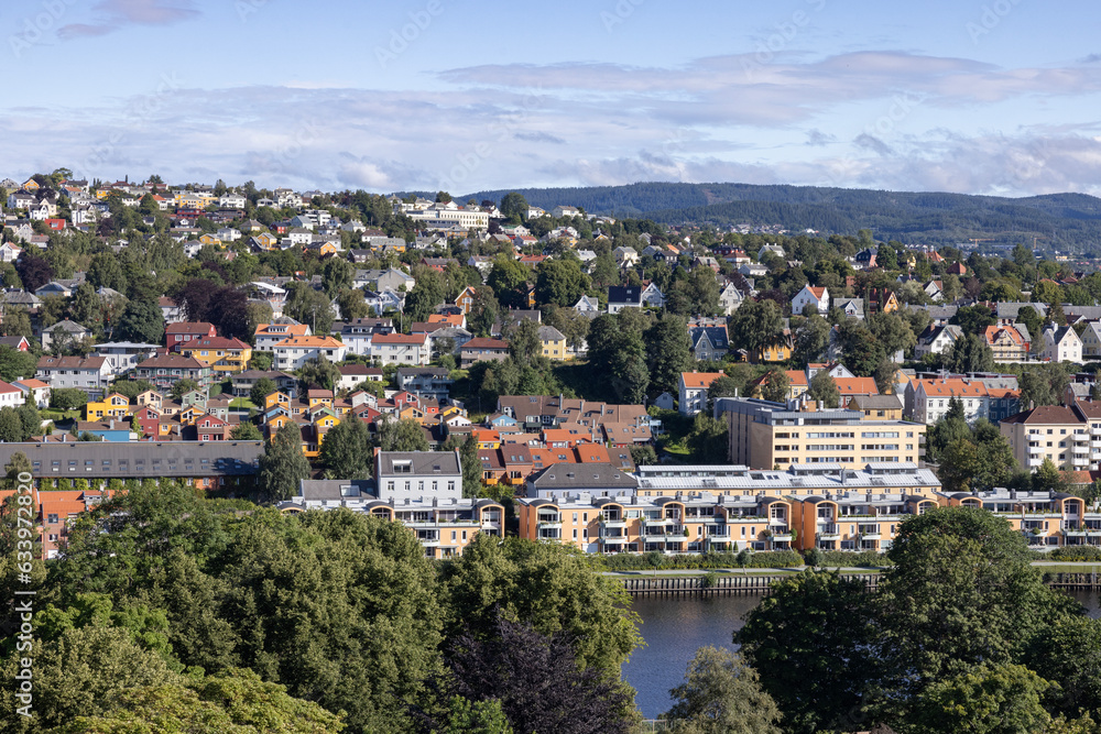 View of Trondheim city from the tower in Nidaros cathedral, Trøndelag county, Norway