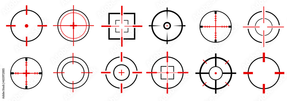 Target destination icon set. Aim sniper shoot group. Focus cursor bull eye mark collection. Vector isolated.  Vector 10 EPS - obrazy, fototapety, plakaty 