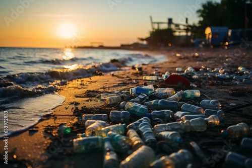 Plastic waste and refuse blight sandy coastline, reflecting beach pollutions environmental toll Generative AI
