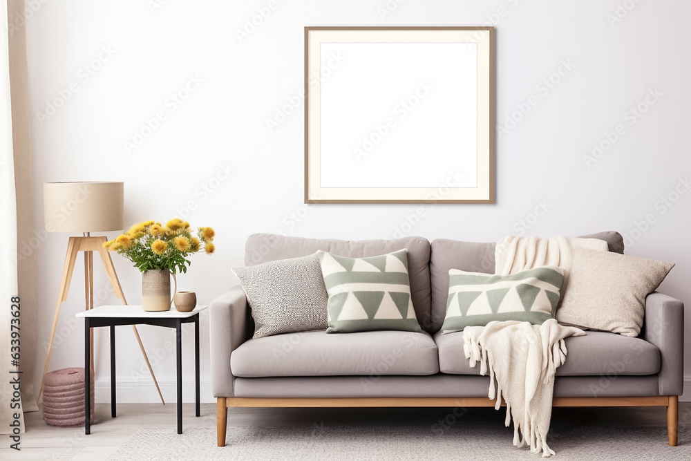 Fototapeta premium Square picture frame with passe-partout mockup in modern interior, blank copyspace, light tones, poster mock-up. Generative AI