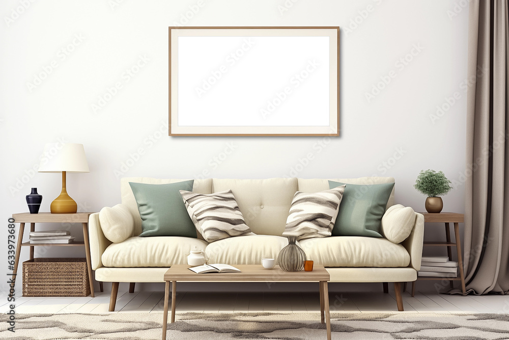 Horizontal picture frame with passe-partout mockup in home interior, blank copyspace, light tones, banner mock-up. Generative AI Horizontal picture frame with passe-partout mockup in home interior, blank copyspace, light tones, banner mock-up. Generative AI