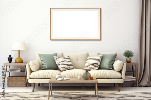 Horizontal picture frame with passe-partout mockup in home interior  blank copyspace  light tones  banner mock-up. Generative AI