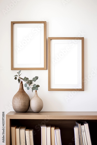 Double vertical picture frames with passe-partout mockup in modern minimalistic interior, blank copyspace, light tones, poster mock-up. Generative AI