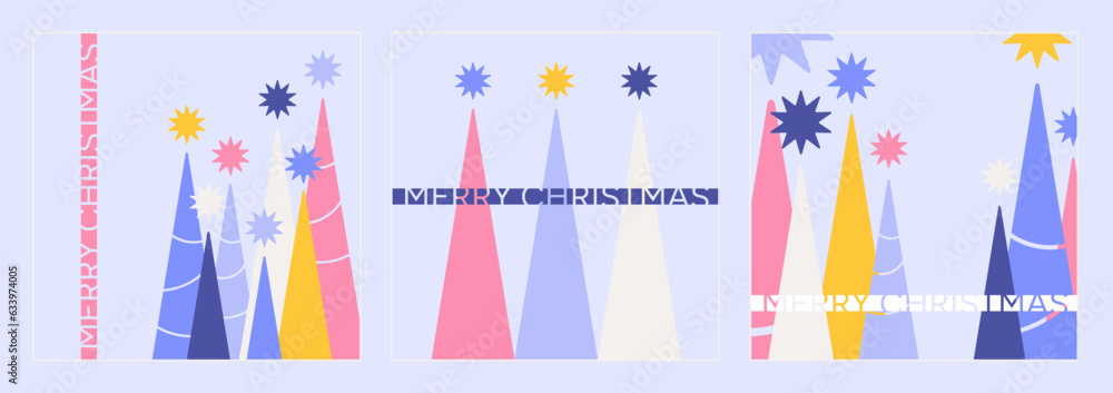 Set of festive greeting cards for winter holidays. Merry Christmas card template. Holiday greeting poster design with inscription. Modern vector illustration of Christmas trees for print, social media