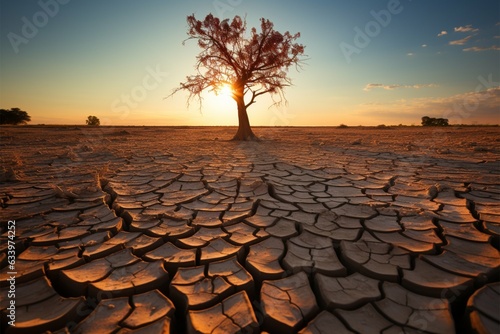 Resilient tree amid cracked earth signifies climate changes impact water shortage, global warming Generative AI