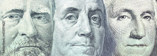 United States banknotes featuring the portrait of the country's president, such as those of Benjamin Franklin, George Washington, and Ulysses S. Grant. The presidents featured on US currency. photo