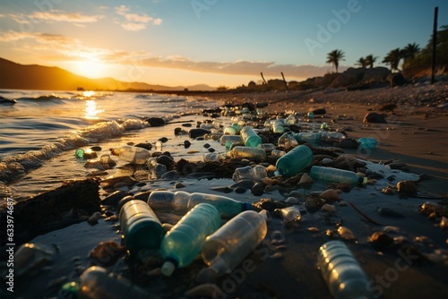 Sandy expanse marred by discarded bottles and trash, showcasing beach pollutions harm Generative AI