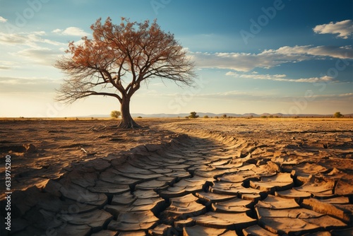 Struggling tree on dry soil underscores climate changes toll water scarcity and drought Generative AI