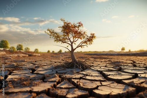 Tree on cracked ground signifies climate change impact, drought, and environmental crisis Generative AI