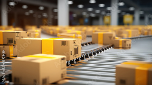 Automated Retail Warehouse AGV Robots with Infographics Delivering Cardboard Boxes in Distribution Logistics Center. Automated Guided Vehicles Goods, Products, Packages © nikomsolftwaer
