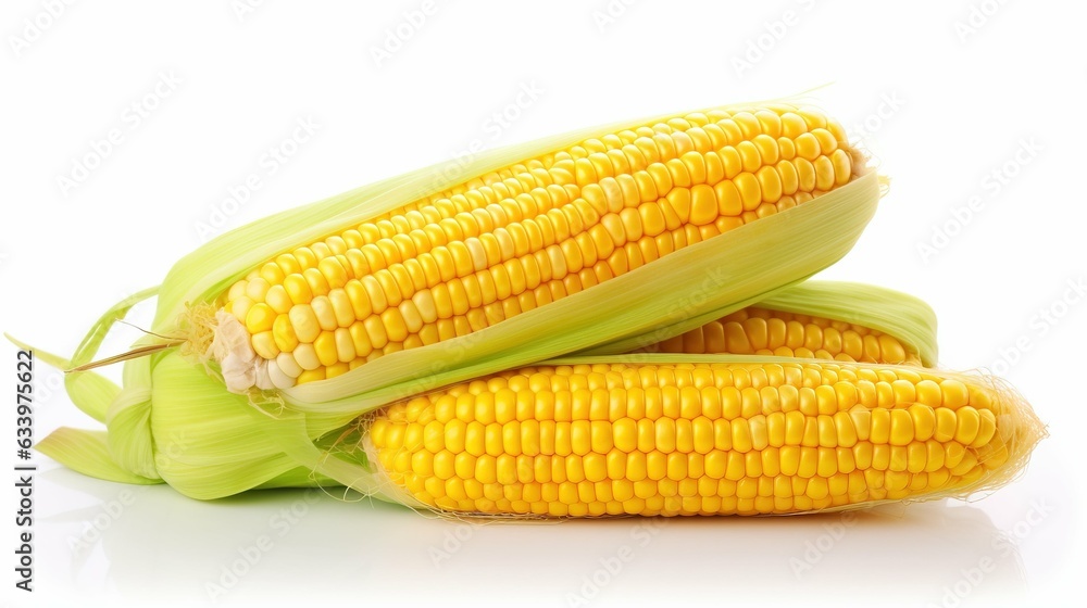 Fresh corn on a white background. Created using Generative AI technology. Fresh corn on a white background. Created using Generative AI technology.