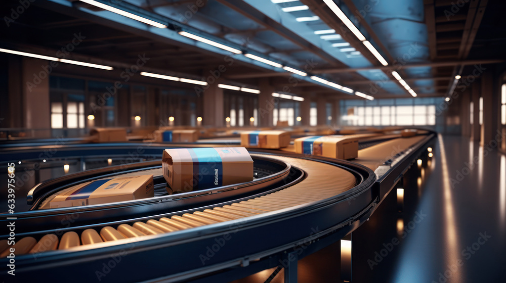 Fototapeta premium Automated Retail Warehouse AGV Robots with Infographics Delivering Cardboard Boxes in Distribution Logistics Center. Automated Guided Vehicles Goods, Products, Packages