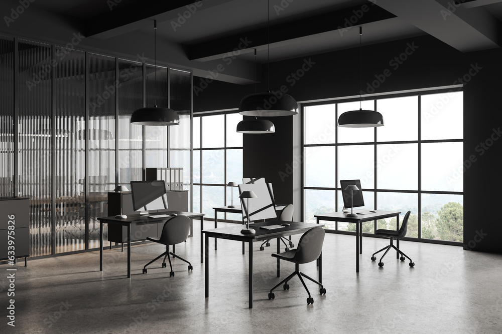 Fototapeta premium Gray and glass opens space office corner with windows