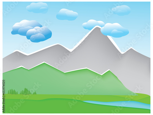 Summer mountain landscape in the style of paper application. Vector illustration.
