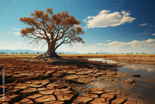 Arid ground cradles tree, illustrating climate changes water crisis effects amid global warming Generative AI