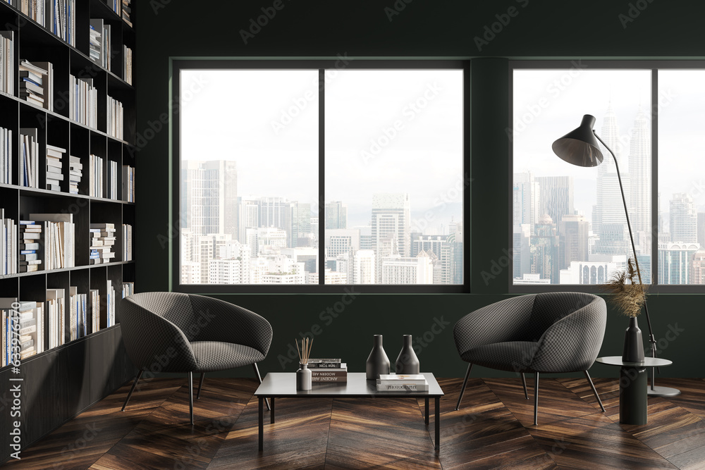 Dark living room interior with two armchairs, bookshelf and window Dark living room interior with two armchairs, bookshelf and window