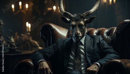 fashionable man in goat mask, satyr businessman sits in lair, boss sinner satan. Made in AI.
