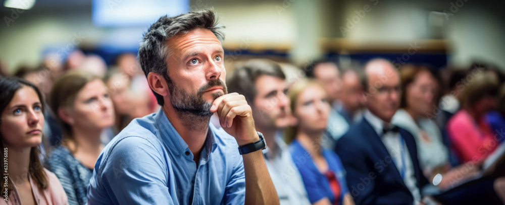 Obraz premium Man with Hand on Chin Looking Up, Concentrated at Indoor Business Seminar or Training Event