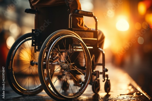 Close up view man in wheelchair holds wheels, depicting strength and capability despite handicap Generative AI