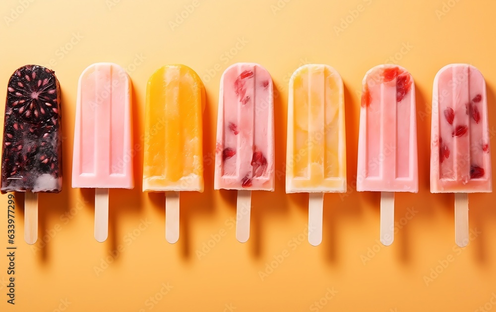 Assorted Fruit Popsicles Collection on Stick. Generative AI