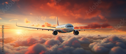 Commercial airplane flying above dramatic clouds during sunset