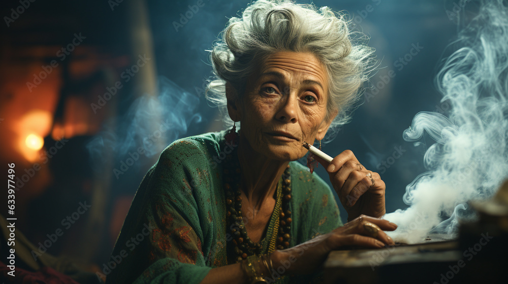 Fototapeta premium Elderly person smoking cigarette. Generative Ai