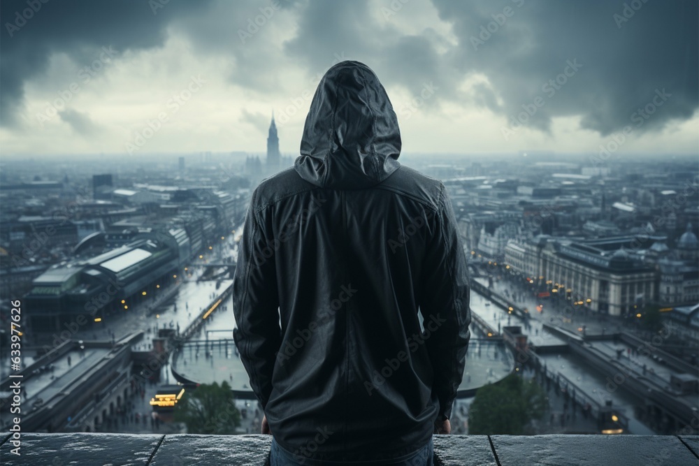 Enigmatic man in hood on rooftop, identity hidden, accompanied by void space Generative AI Enigmatic man in hood on rooftop, identity hidden, accompanied by void space Generative AI