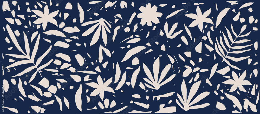 Monochromatic vector background with scattered abstract leaves, flowers and other botanical elements. Random cutout dark blue tropical foliage collage, ornamental texture, cute decorative pattern Monochromatic vector background with scattered abstract leaves, flowers and other botanical elements. Random cutout dark blue tropical foliage collage, ornamental texture, cute decorative pattern