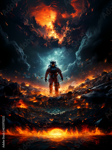 Astronaut on burning Planet (Illustration)