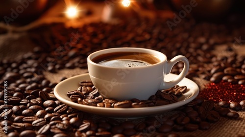 A Cup Of Coffee On A Saucer Surrounded By Coffee Beans