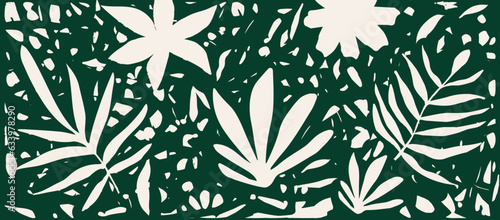 Monochromatic vector background with scattered abstract leaves, flowers and other botanical elements. Random cutout dark green tropical foliage collage, ornamental texture, cute decorative pattern