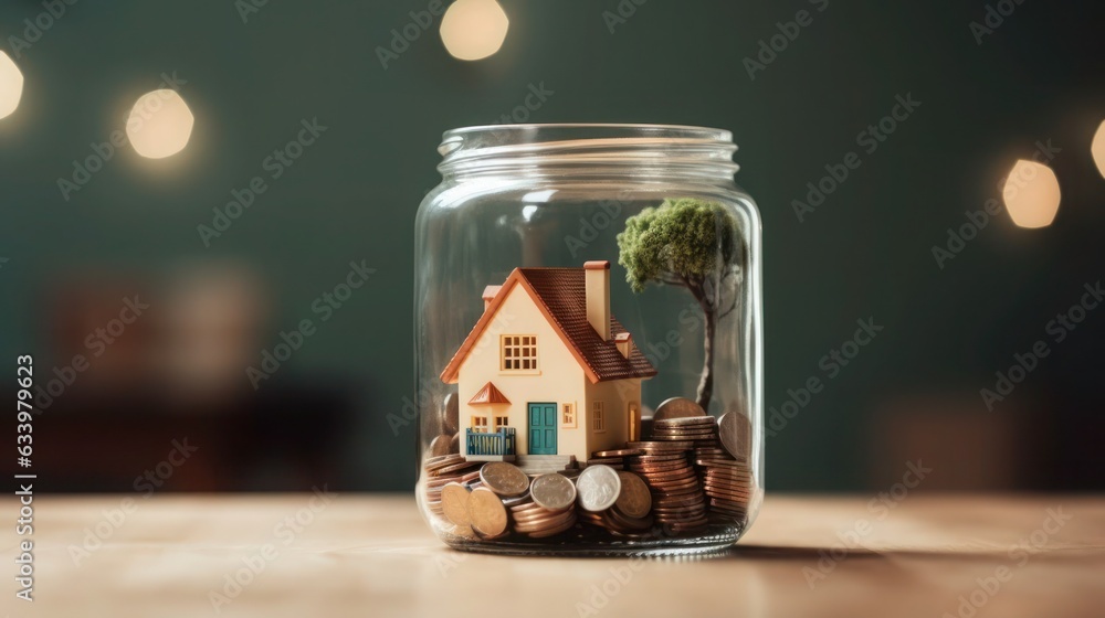 Jar of coin and house for investment concept, Real restate concept with clear background  - obrazy, fototapety, plakaty 