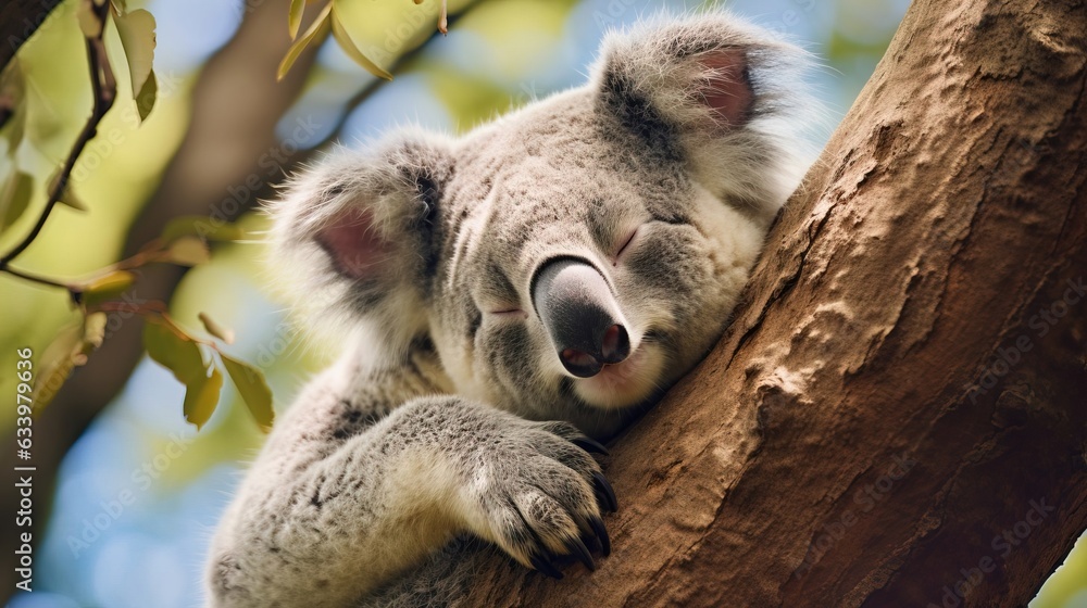 Obraz premium A koala is napping on a tree. Created using Generative AI technology.