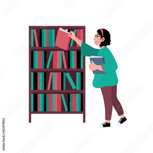 Girl holding book and pick a book from bookshelf for library literature to bookworm illustration