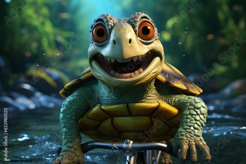 Turtle cyclist. A cheerful little turtle rides a bicycle. 3D rendering of a monster riding a bike on a road . 3d render illustration.