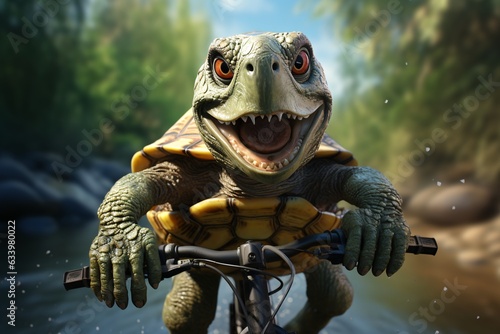 Turtle cyclist. A cheerful little turtle rides a bicycle. 3D rendering of a monster riding a bike on a road . 3d render illustration.