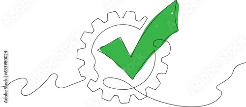 Continuous One line drawing of Gear with Green Checkmark inside, Single line art of Gear and Tickmark, Doodle design. vector illustration