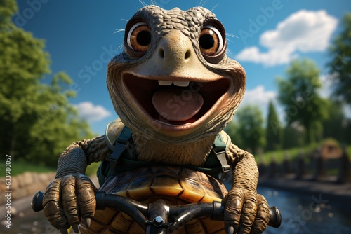 Turtle cyclist. A cheerful little turtle rides a bicycle. 3D rendering of a monster riding a bike on a road . 3d render illustration. photo