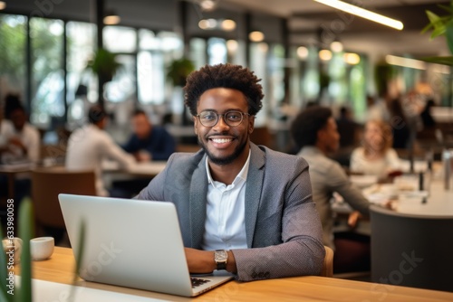 Confident young African businessman sitting at a desk with a group of colleagues in the background working on the laptop computer