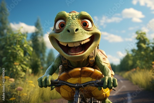 Turtle cyclist. A cheerful little turtle rides a bicycle. 3D rendering of a monster riding a bike on a road . 3d render illustration.