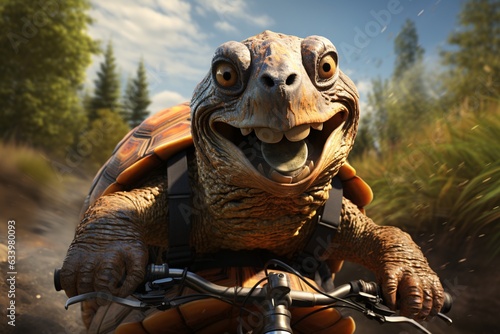 Turtle cyclist. A cheerful little turtle rides a bicycle. 3D rendering of a monster riding a bike on a road . 3d render illustration. © vachom