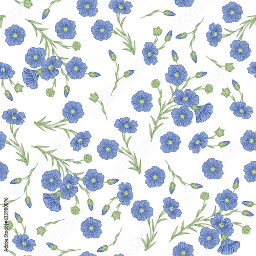 Flax flowers seamless pattern. Vector illustration of fax plant. Hand drawn blue flowers on white background. Summer design for textile or paper print. Vintage engraving style.
