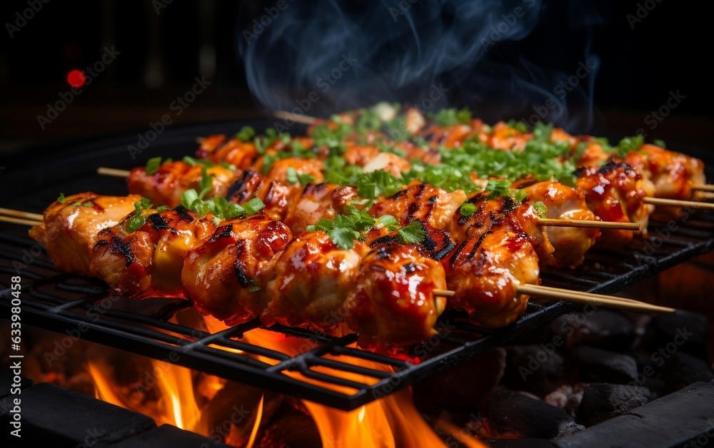 Sizzling Chicken Skewers on Charcoal Grill. Generative AI
